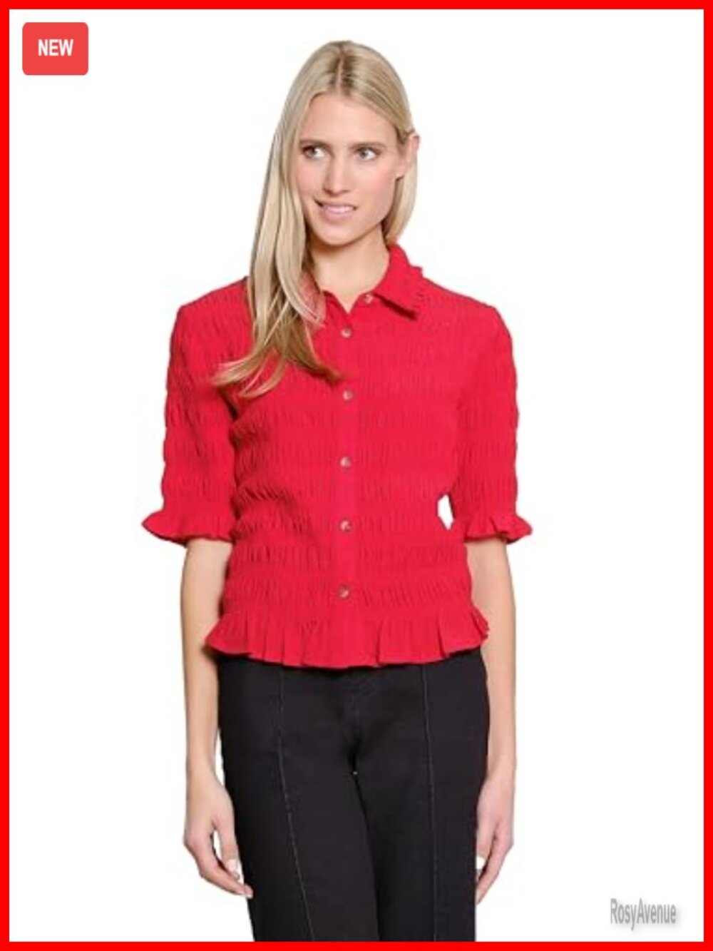 Women's Elbow Sleeve Smocked Button Up Top Collared 3/4 Sleeve Fall Blouse
